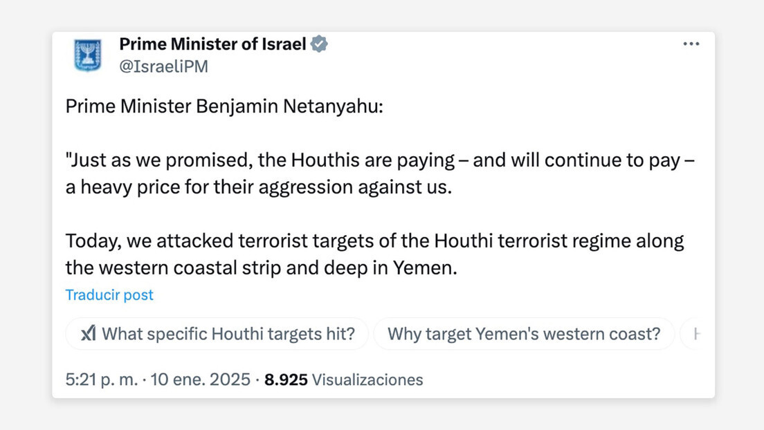 Netanyahu: "Os houthis continuarão a pagar um preço alto"