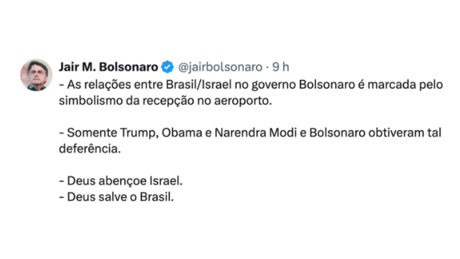 Bolsonaro publica mensagem com 'Deus abençoe Israel' em meio à crise no Oriente Médio