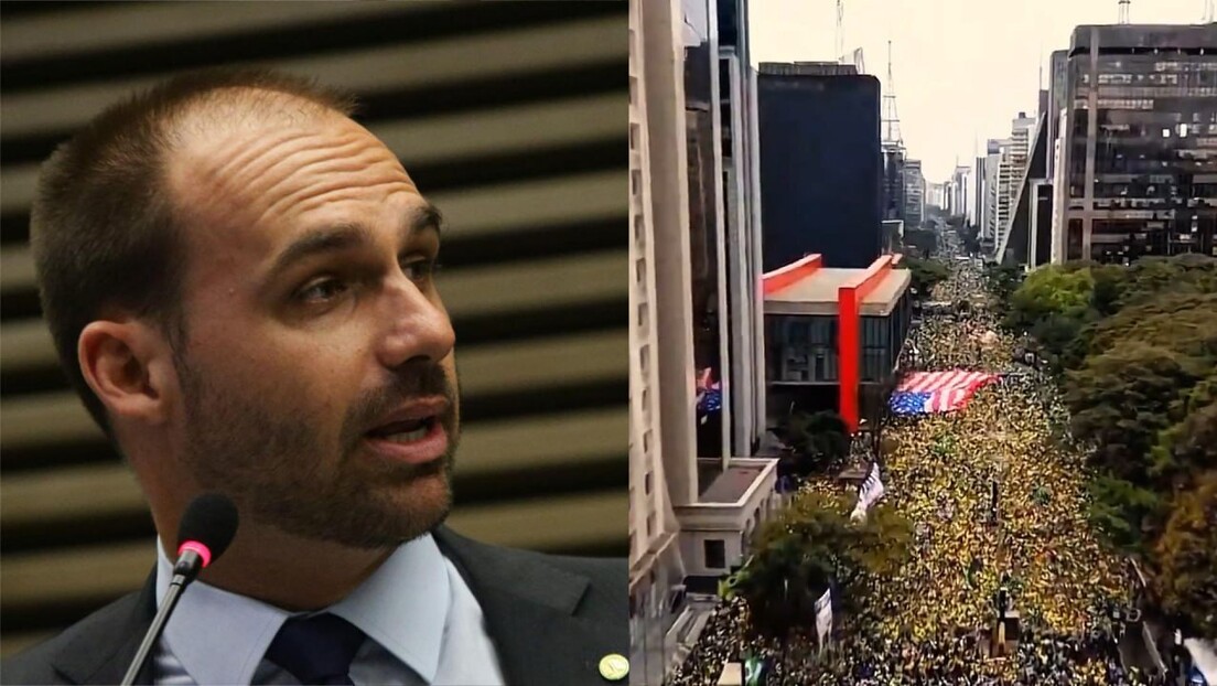 Em inglês, Eduardo Bolsonaro justifica bandeirão dos EUA na Paulista: 'romper com a narrativa'