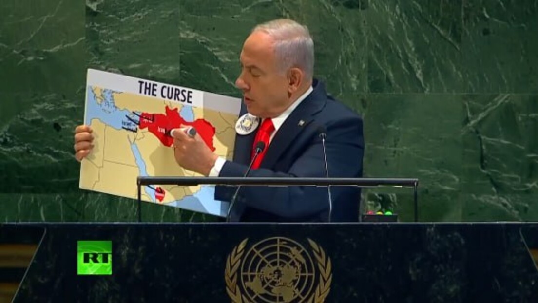 Na ONU, Netanyahu risca nome de diversos países em mapa do Oriente Médio intitulado 'A Maldição'