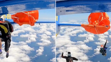 IMAGENS FORTES: paraquedista quase morre ao ficar preso à cauda de avião