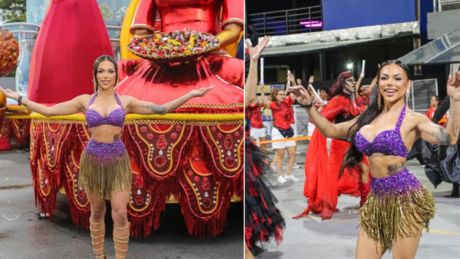 Vai um litrão? Musa de escola de samba turbina comissão de frente com 500ml em cada seio