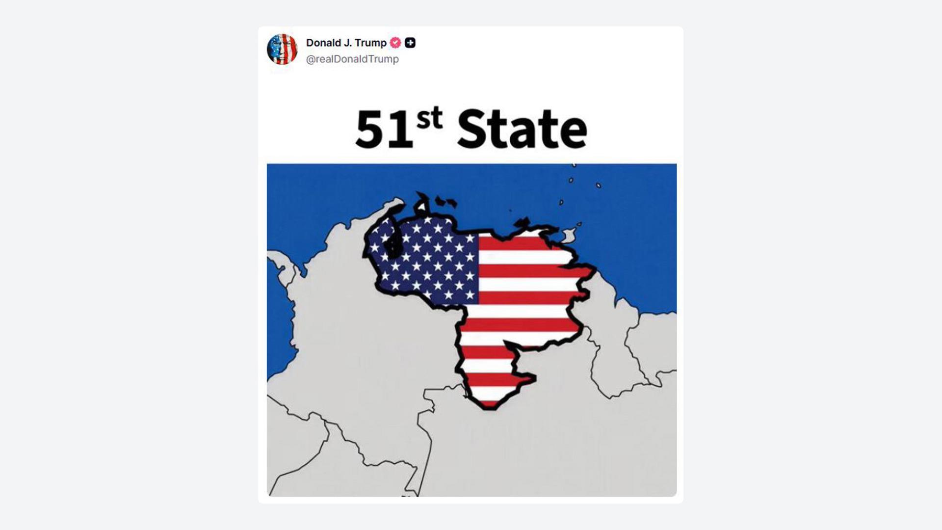 '51º estado': Trump publica mapa da Venezuela com bandeira dos EUA