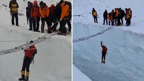 MOMENTO ARREPIANTE: Alpinista fica suspenso sobre enorme fenda no Everest