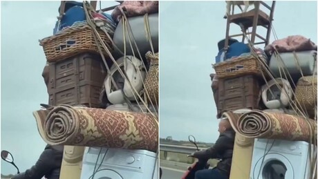 VÍDEO: Homem anda de moto com pilha gigantesca de coisas e companheiro inesperado em cima