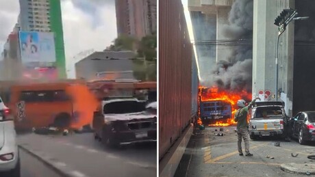 VÍDEOS: Trem atinge e incendeia ônibus no centro de Bangkok