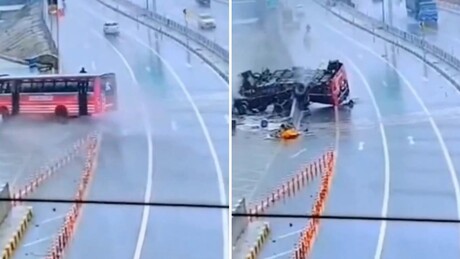 VÍDEOS: Ônibus com passageiros perde controle na chuva e sofre grave acidente