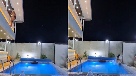 IMAGENS FORTES: Homem pula da sacada e acerta borda da piscina