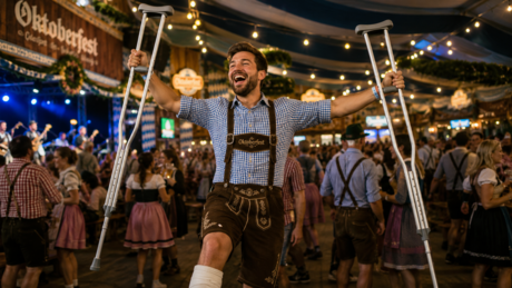 Trabalhador é demitido por justa causa após ser pego dançando na Oktoberfest com muletas para cima