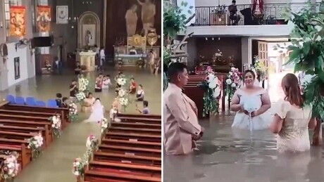 VÍDEO: O amor não tem medo de água — noivos se casam em igreja inundada até a cintura