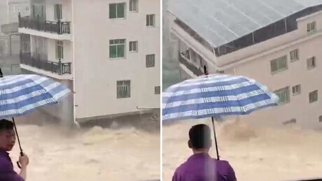 VÍDEO: MOMENTO EXATO em que enchentes arrastam edifício na China