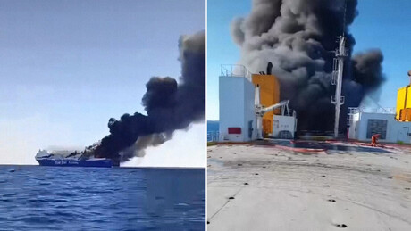 VÍDEOS: Navio cargueiro pega fogo perto de Míconos, na Grécia