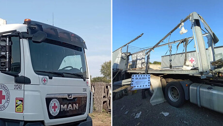 FOTOS: Ucrânia ataca armazém e caminhões da Cruz Vermelha em Donetsk