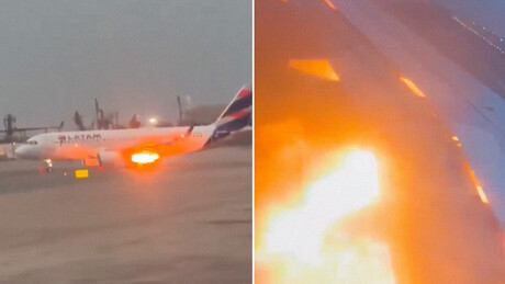VÍDEO: Motor de avião comercial pega fogo antes da decolagem