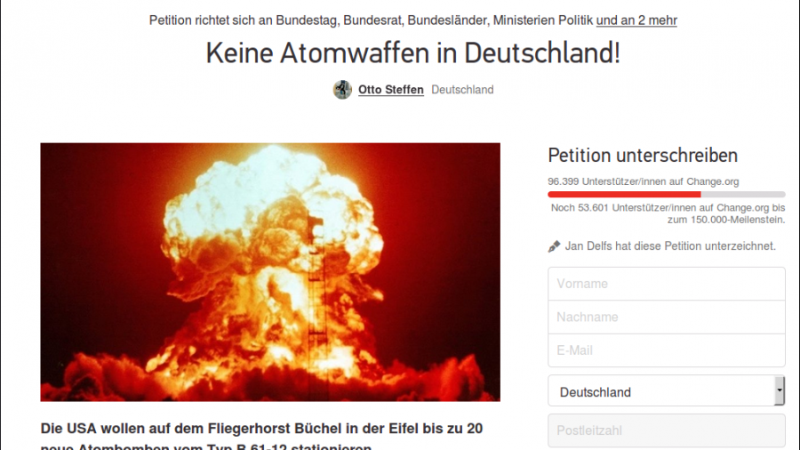 Erfolgreiche Petition: 100.000 Bundesbürger fordern "keine Atomwaffen in Deutschland!"