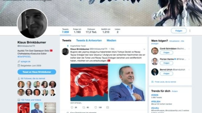 Twitter-Account des Spiegel-Chefredakteurs Klaus Brinkbäumer  offenbar von Erdogan-Fans gehackt