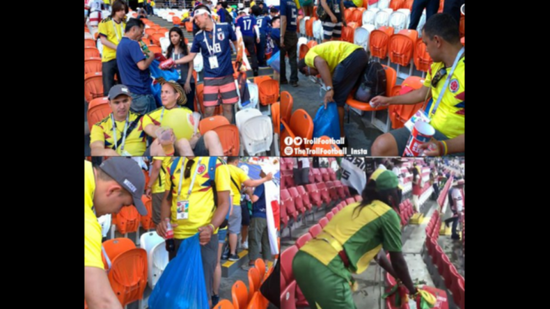 Vorbildhafte Fußball-Fans: Senegalesische und japanische Fans sammeln nach Spielen Müll ein