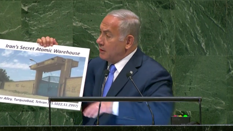 Bildershow von Netanjahu vor UN-Vollversammlung: "Hier hat der Iran radioaktives Material verteilt"