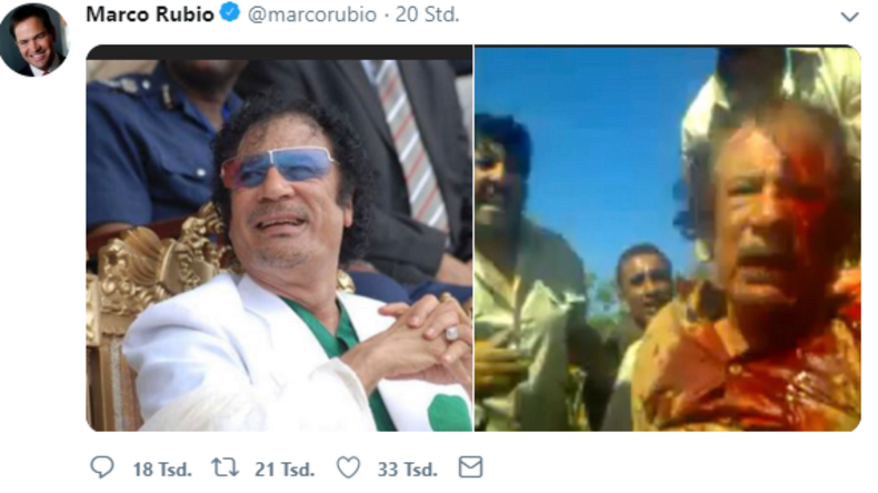 Ansage an Maduro: US-Senator Rubio twittert Bild von Gaddafis Ermordung
