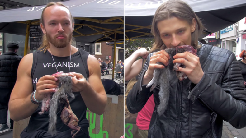 Strafe für Fleisch-Fans nach Ekel-Protest, die auf Veganermarkt rohe Eichhörnchen aßen
