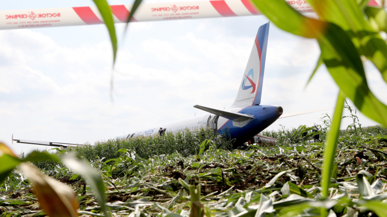 Bauchlandung bei Moskau: Airbus mit über 230 Insassen landet nach Vogelschlag in Maisfeld (Video)
