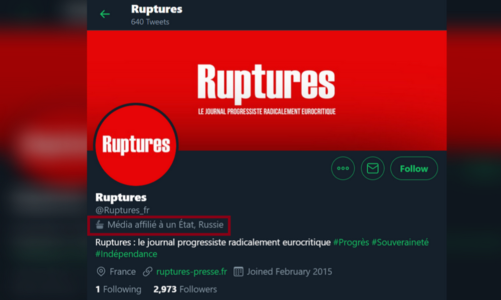 Twitter erklärt französische Zeitschrift Ruptures ohne Beleg zu "staatsnahes russisches Medium"