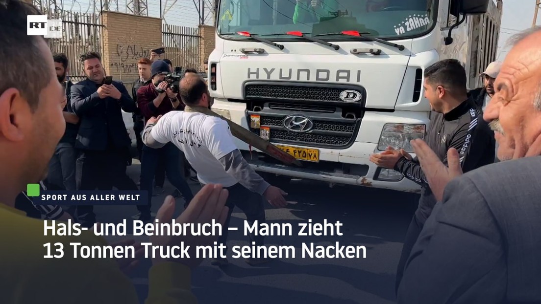 Hals- und Beinbruch – Iraner zieht 13 Tonnen Truck mit seinem Nacken