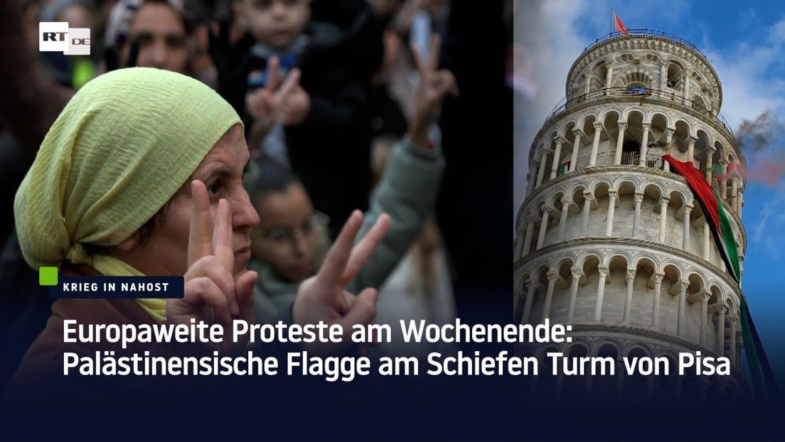 Europaweite Proteste am Wochenende: Palästinensische Flagge am Schiefen Turm von Pisa