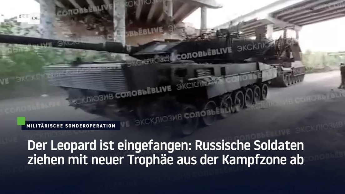 Der Leopard ist eingefangen: Russische Soldaten ziehen mit neuer Trophäe aus der Kampfzone ab