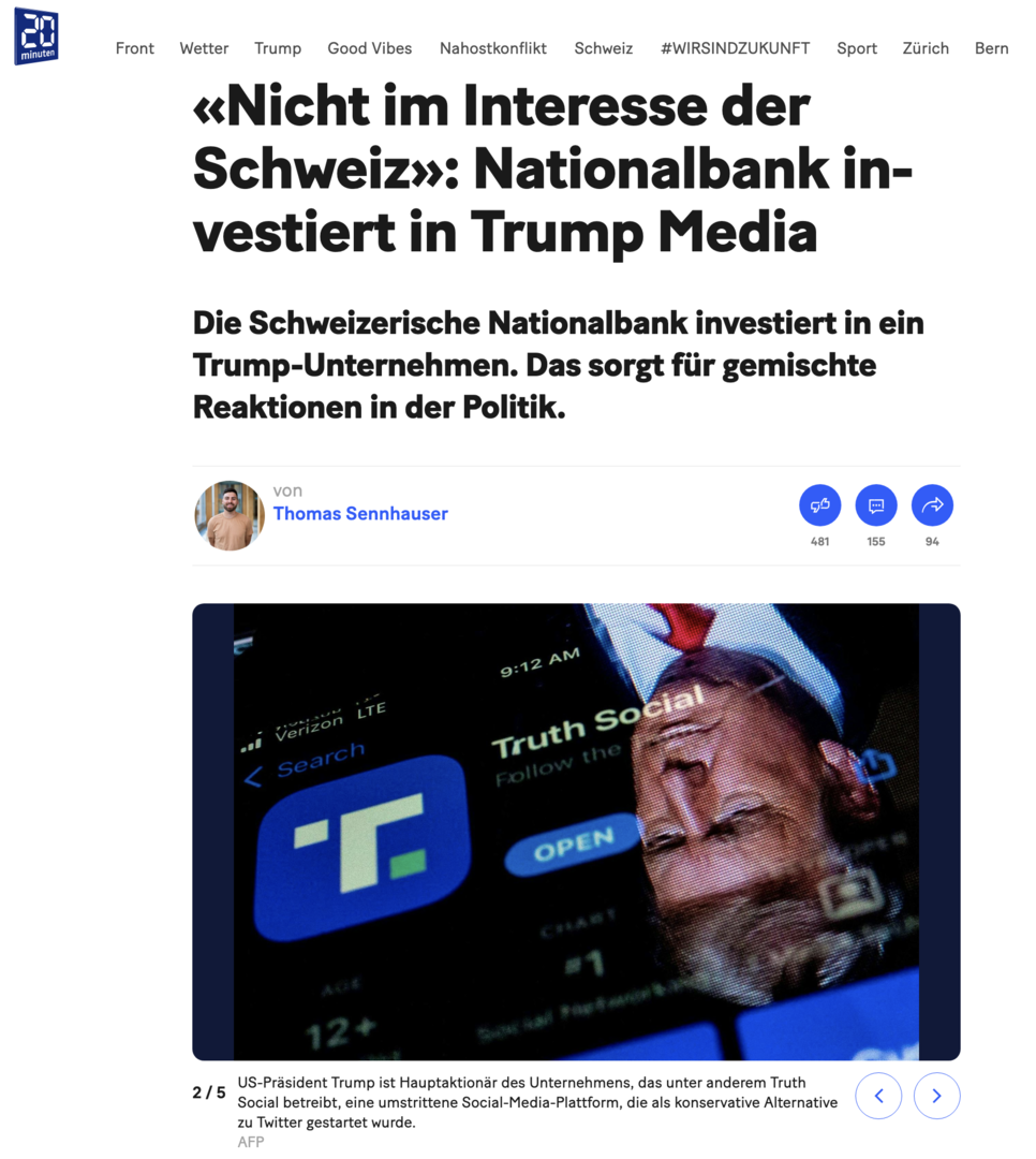 Empörte linke Medien: Schweizer Nationalbank kauft Trump-Aktien – Finanzlogik, die nicht jedem passt