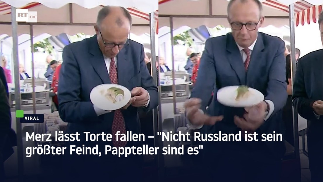 Merz lässt Torte fallen – "Nicht Russland ist sein größter Feind, Pappteller sind es"