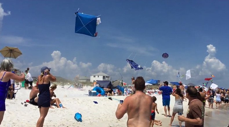 Gone with the wind: Blue Angel F/A-18 Hornet blows away beach umbrellas to crowd’s delight (VIDEO)