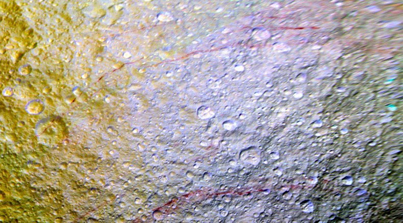 ‘Unusual red streaks’ spotted on Saturn’s Tethys (PHOTOS)