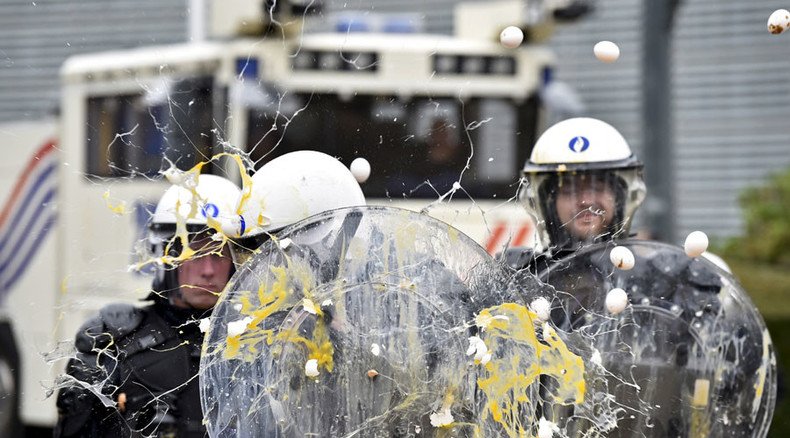 Hanging cows & flying eggs: How EU farmers protest lowering milk, meat prices in Brussels (VIDEO)