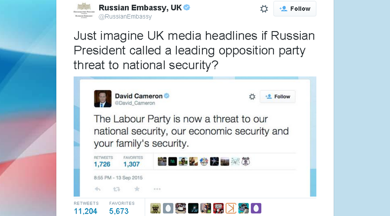Russian embassy mocks Cameron’s tweet on Labour being ‘national threat’ to Britain
