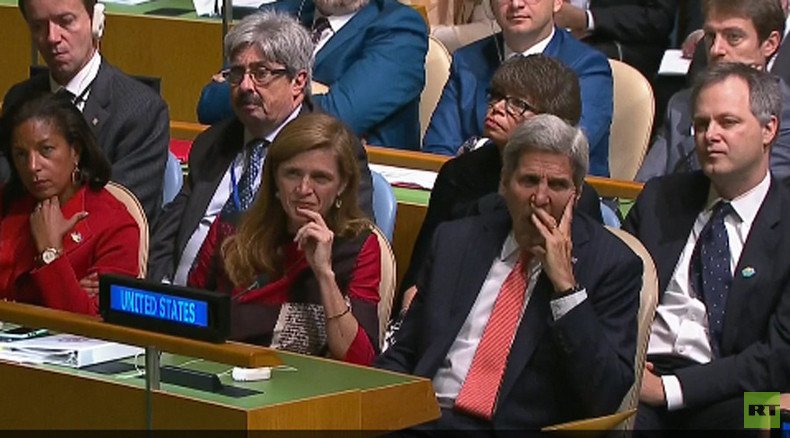 Not exciting enough: John Kerry caught yawning during Obama’s address to UN