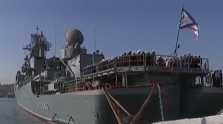 Mediterranean drills: Russian flagship leaves Crimea to participate in naval exercise (VIDEO)