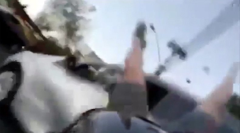 Speeding motorcyclist rams into crossing car & flies over it (VIDEO)