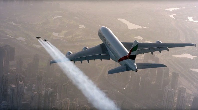 Afraid of heights? No way! Jetman flies alongside Emirates A380 superjumbo (VIDEO)