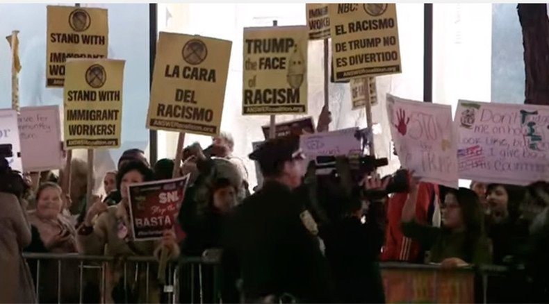 New Yorkers rally outside NBC studios to protest Trump hosting SNL (VIDEO)