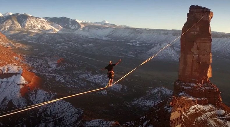 Once upon a high-wire in the West: Slackliner sets 500m ‘walk of death’ record above Utah desert