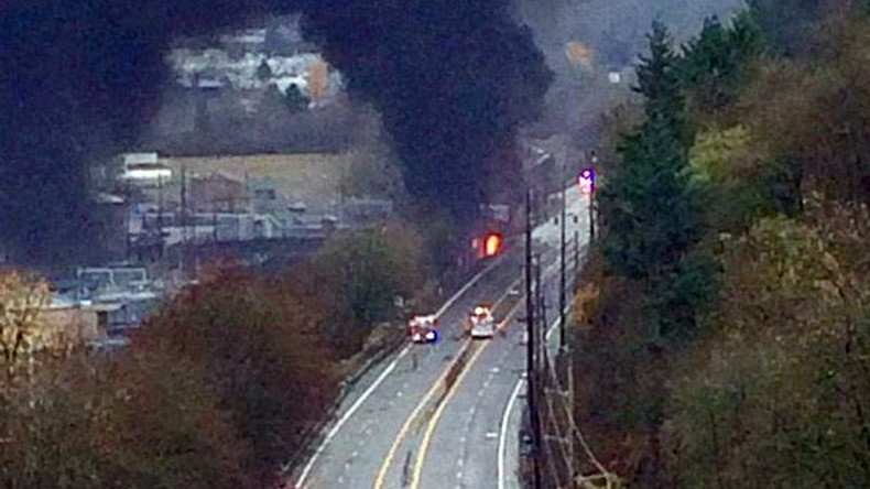 Truck crashes into train causing massive fire in Oregon (PHOTOS)