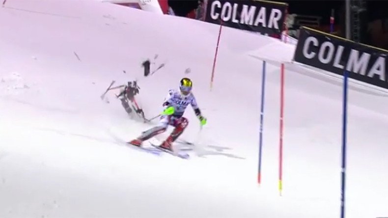 Drone almost crashes into Austrian champion skier Hirscher during race