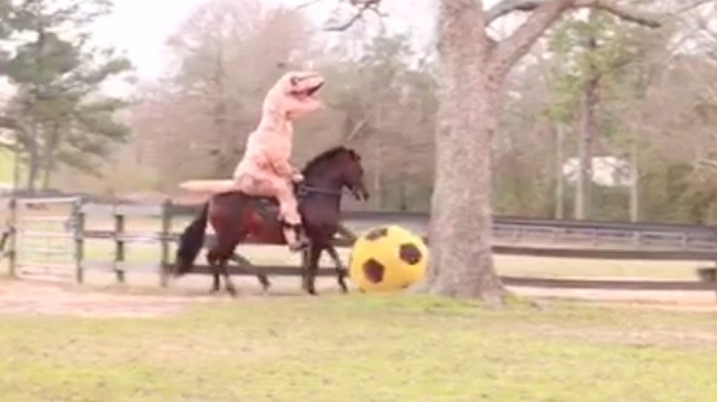 Epic randomness: T-Rex rides horse that kicks giant football (VIDEO)