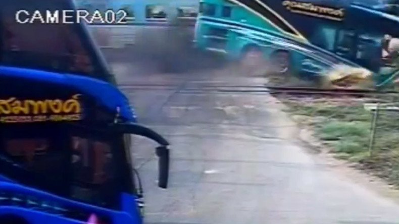 Train crashes into tourist bus in Thailand, killing 3 (VIDEO)