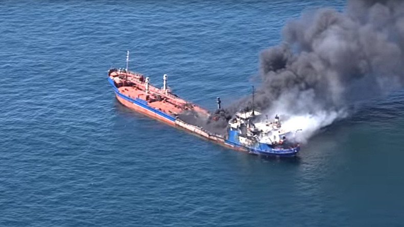 Russian tanker catches fire in Caspian Sea, 1 crew member reported killed (VIDEO)