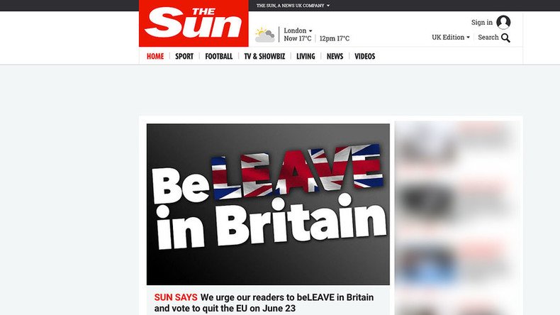 ‘BeLEAVE in Britain!’ Rupert Murdoch’s Sun backs Brexit as ‘Leave’ takes poll lead