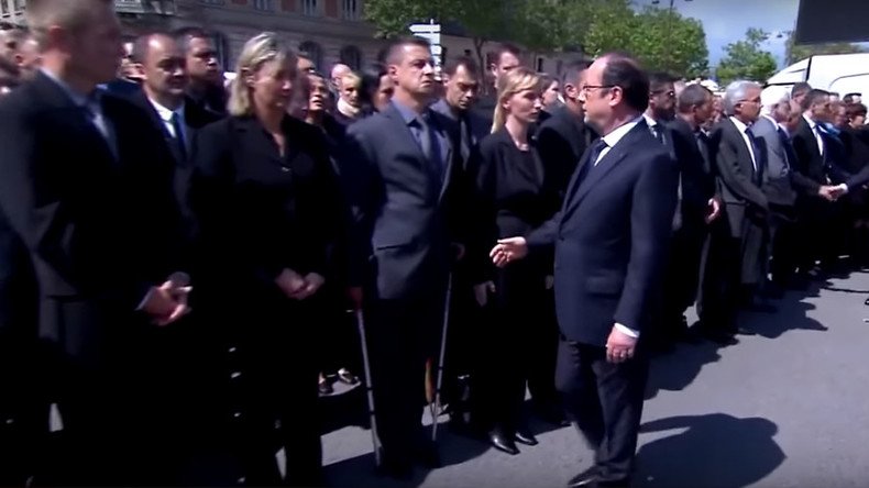 French officer shuns Hollande & PM Valls during ceremony for slain police couple (VIDEO)