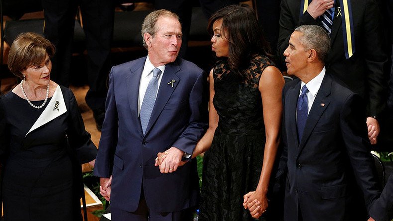 Party time: George Bush shocks America with little dance at Dallas police memorial service (VIDEO)