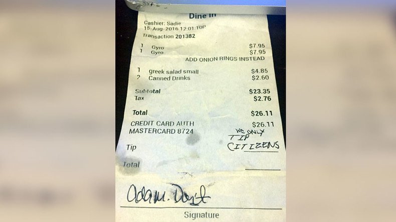 ‘We only tip citizens’: Virginia waitress gets hateful note, outraged grandpa & locals strike back